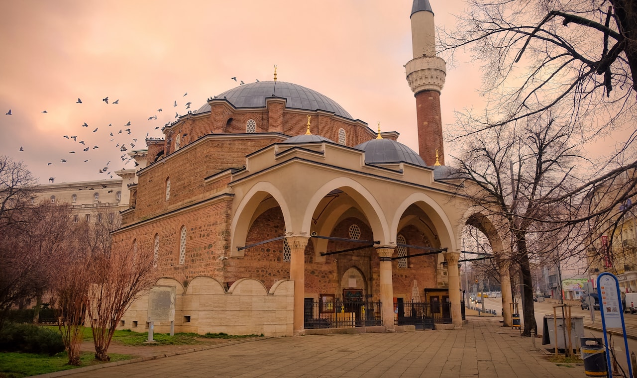 Sofia — A mosque stands prominently against a cloudy sky.